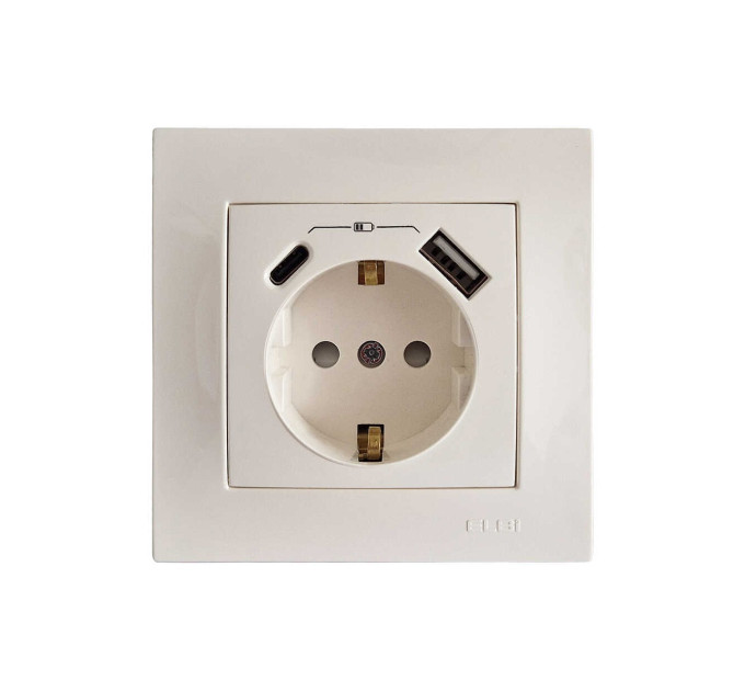 Розетка ZENA ELBI біла 1-на з заземленням + 2USB ( Type C+A ) без рамки ( 609-010200-334 )